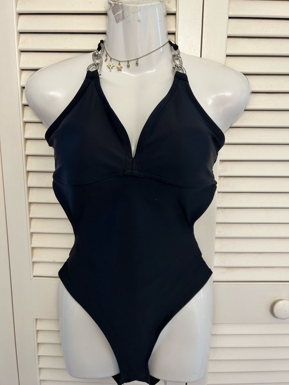 Black One-Piece Swimsuit with Chain Strap Detail